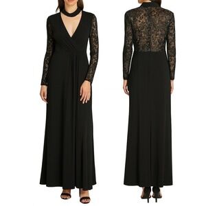 Betsy Adam Black Sequin Sleeve‎ Evening Gown Long Sleeve Open Mock Neck Dress